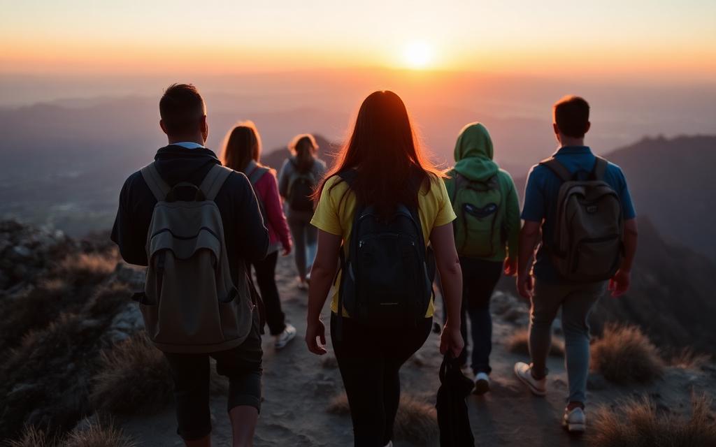 Travellers walking a sunrise ridge together