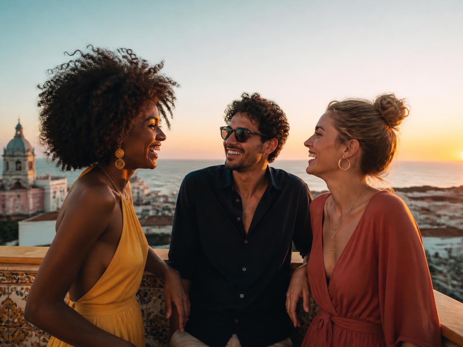 Three travellers laughing together on a rooftop at sunset