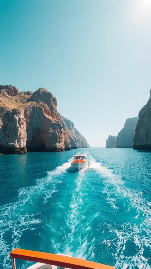 Boat cruising along a turquoise coastline
