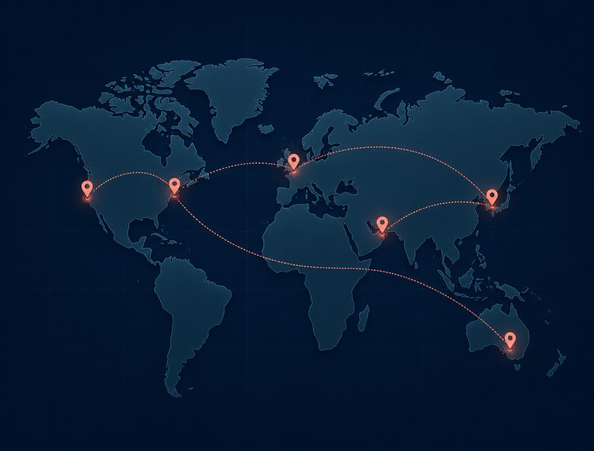 Illustrative WHO’S GOING? travel map with destination pins and routes